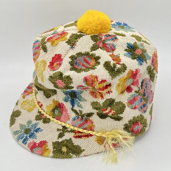 Vintage 60s Floral Chenille Tapestry Hat Pom Pom MCM Union Mod Hippy Medium READ - Picture 1 of 9